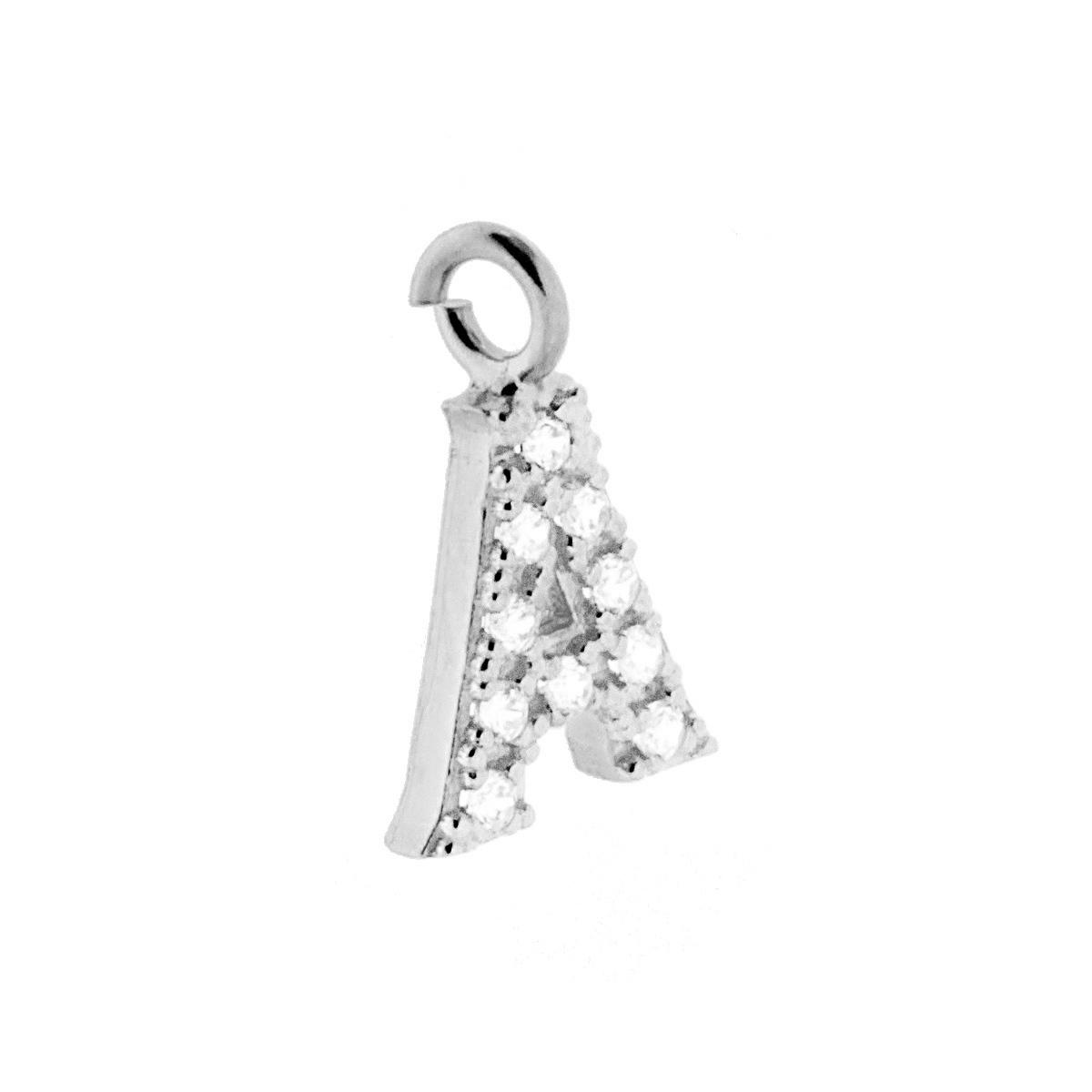 Ciondolo Lettera Iniziale Nome 13 mm con Zirconi Bianchi in ARGENTO 925 Galvanica Rodio