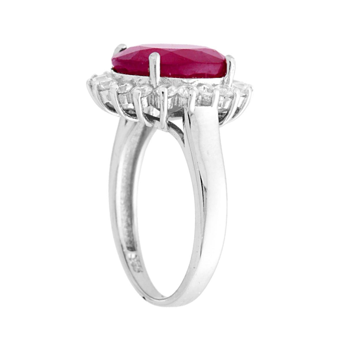 Anello Halo Solitario Pietra Naturale Ovale Rosso Rubino contornato con Zirconi Bianchi in ARGENTO 925 Galvanica Rodio