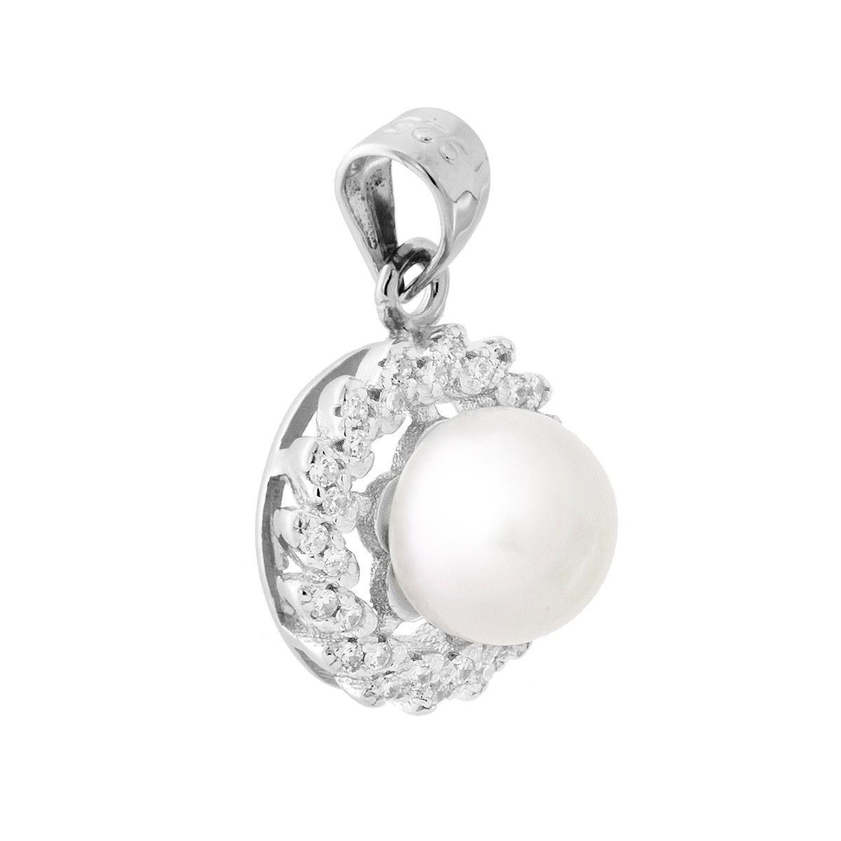 Ciondolo con Perla di fiume e Zirconi Bianchi in ARGENTO 925 Galvanica Rodio