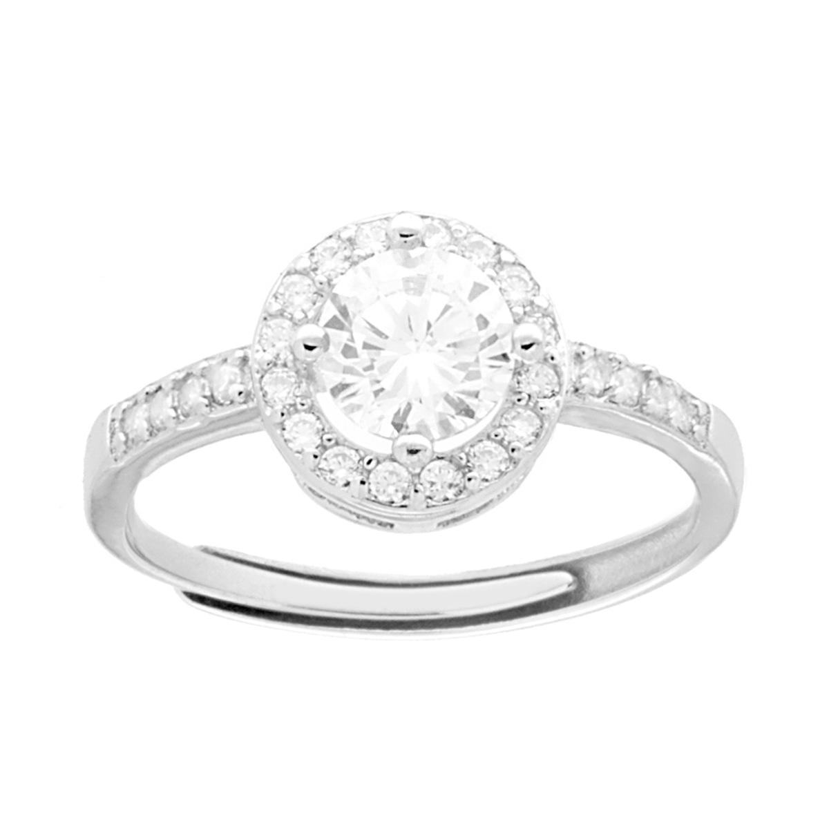 Anello Halo Solitario con Zircone Tondo Bianco Contornato con Zirconi Bianchi in ARGENTO 925 Galvanica Rodio