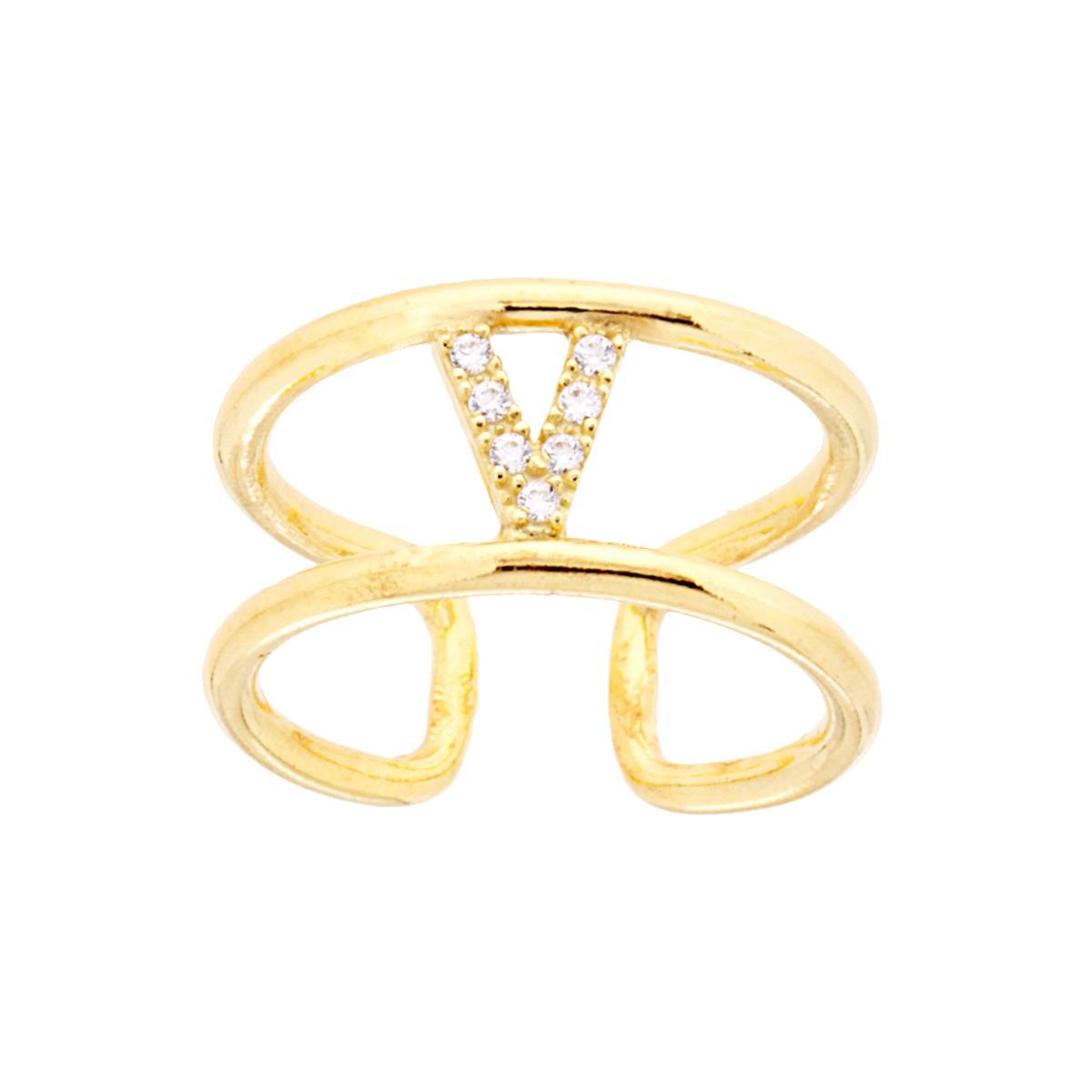 Anello Fascione a Doppio Gambo con Lettera Iniziale Nome con Zirconi Bianchi in ARGENTO 925 Galvanica Oro