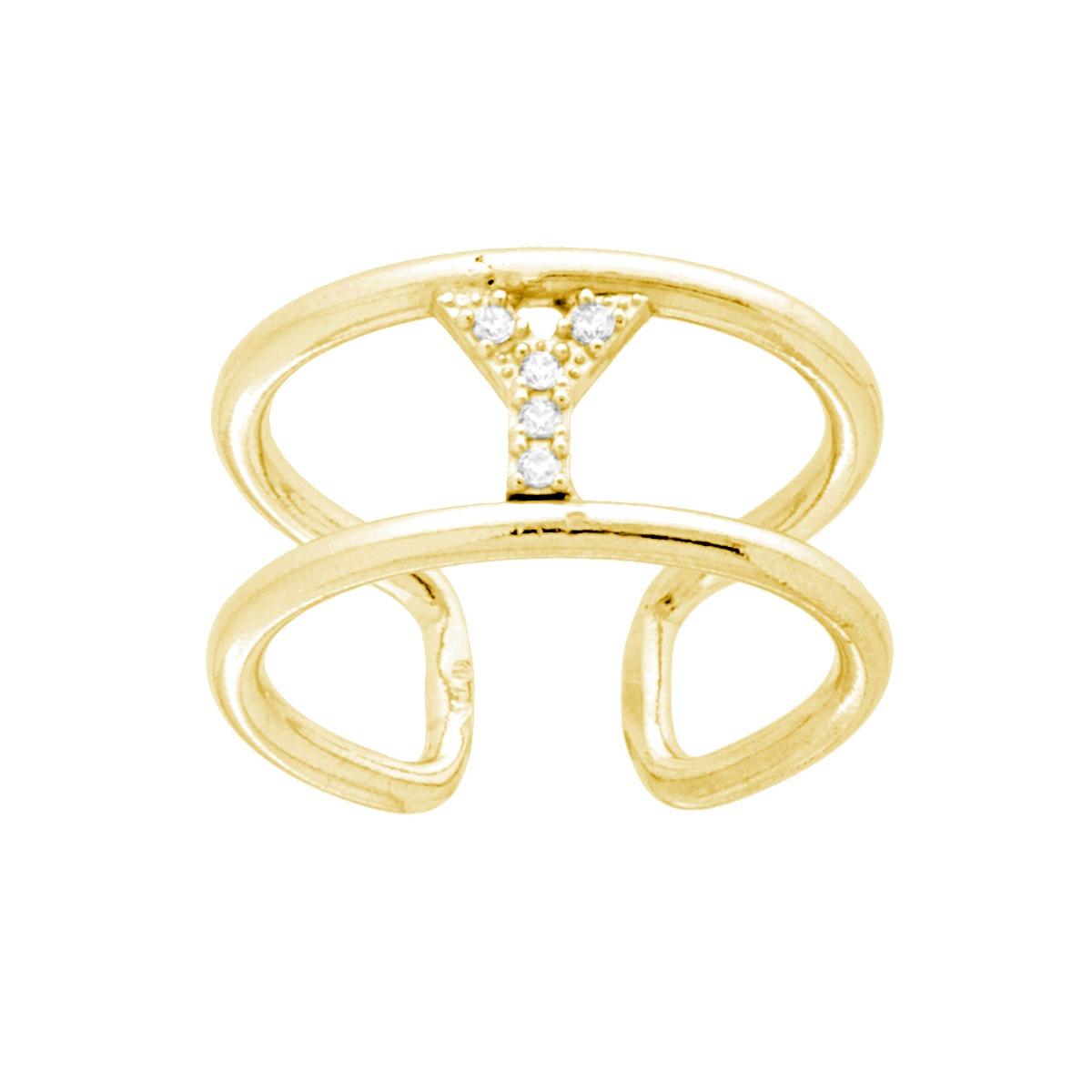 Anello Fascione a Doppio Gambo con Lettera Iniziale Nome con Zirconi Bianchi in ARGENTO 925 Galvanica Oro