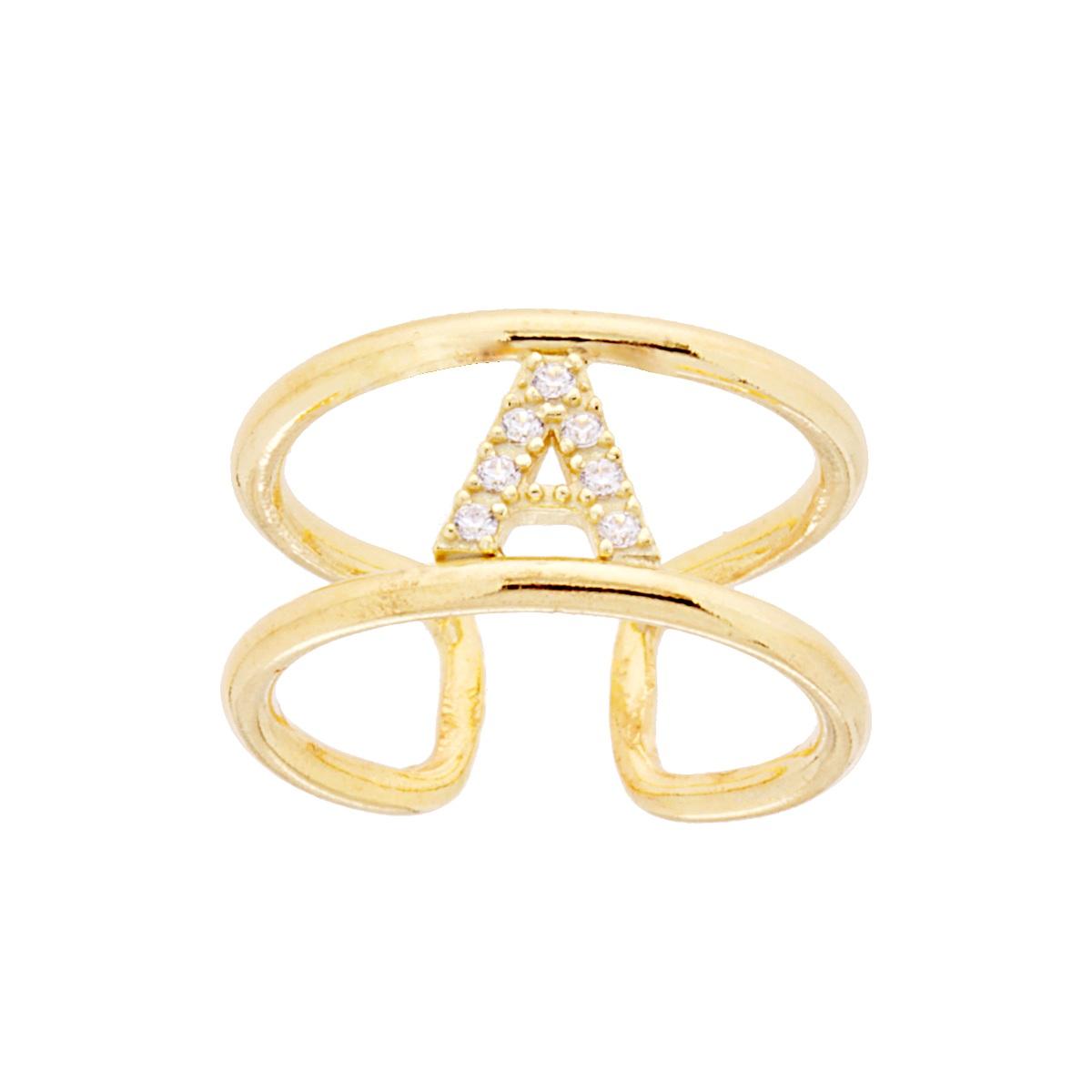 Anello Fascione a Doppio Gambo con Lettera Iniziale Nome con Zirconi Bianchi in ARGENTO 925 Galvanica Oro