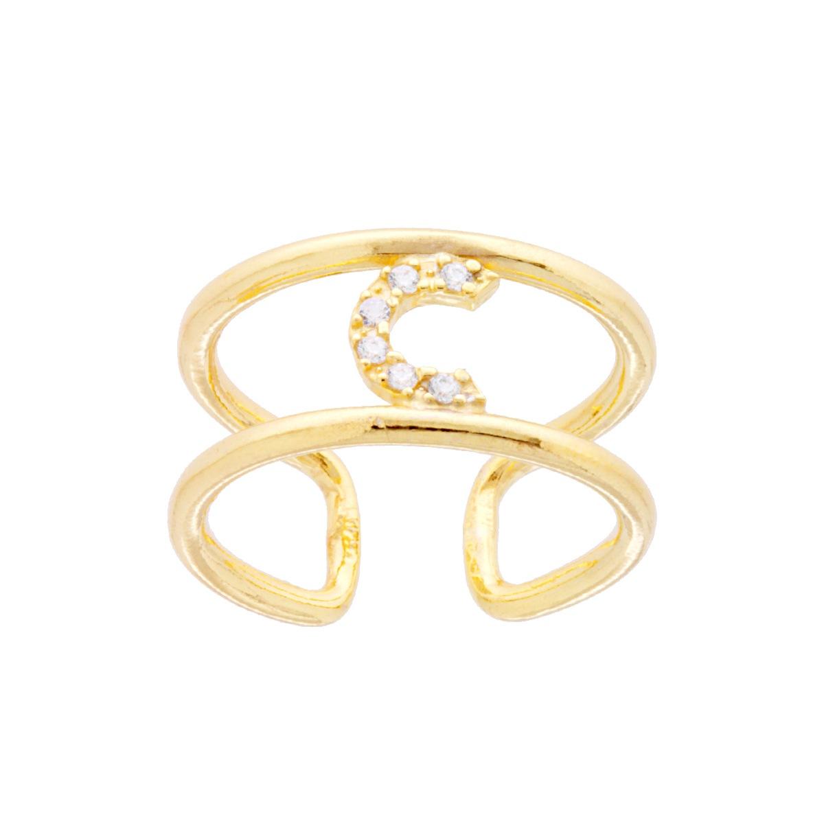 Anello Fascione a Doppio Gambo con Lettera Iniziale Nome con Zirconi Bianchi in ARGENTO 925 Galvanica Oro