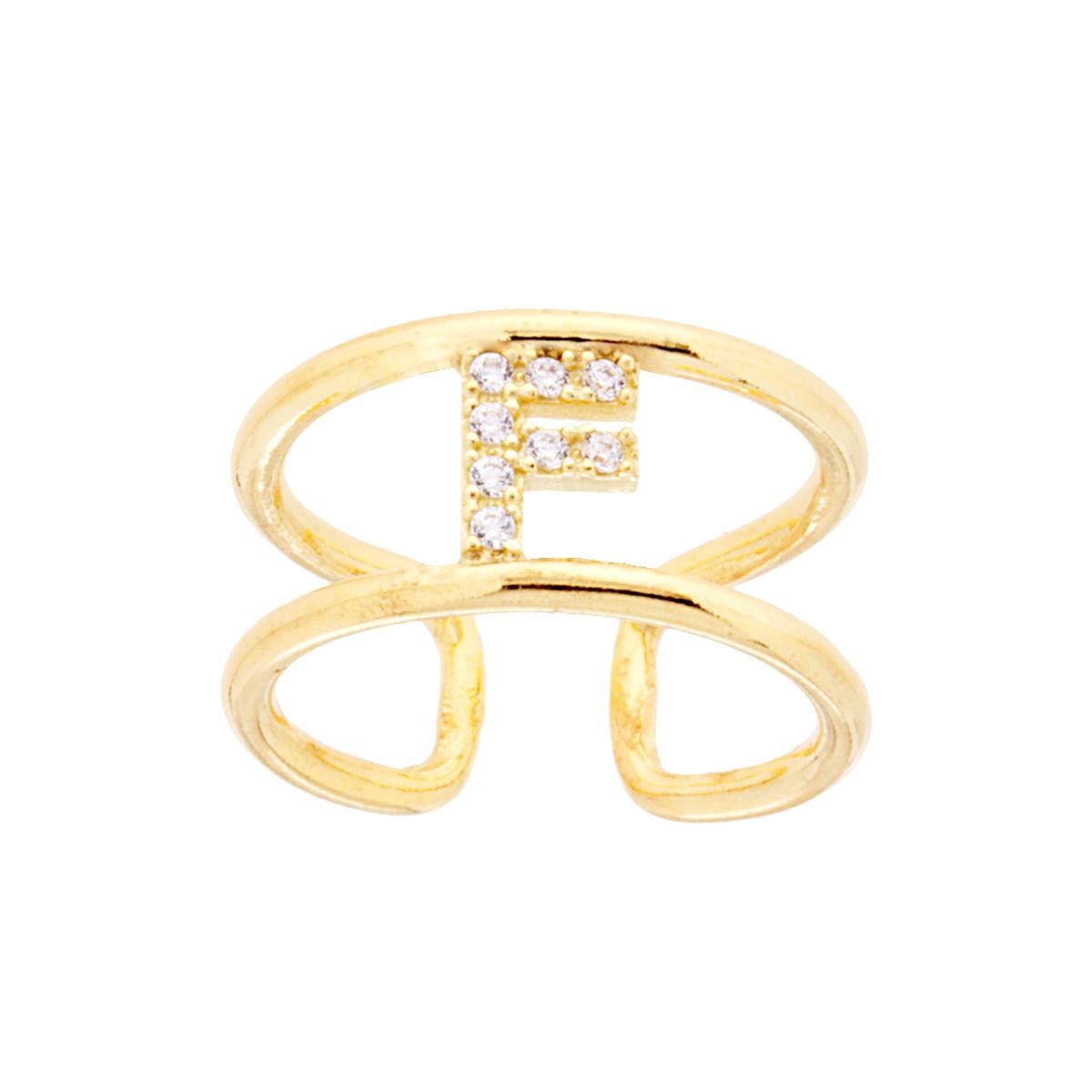 Anello Fascione a Doppio Gambo con Lettera Iniziale Nome con Zirconi Bianchi in ARGENTO 925 Galvanica Oro