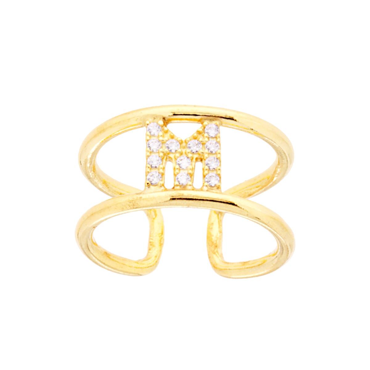 Anello Fascione a Doppio Gambo con Lettera Iniziale Nome con Zirconi Bianchi in ARGENTO 925 Galvanica Oro