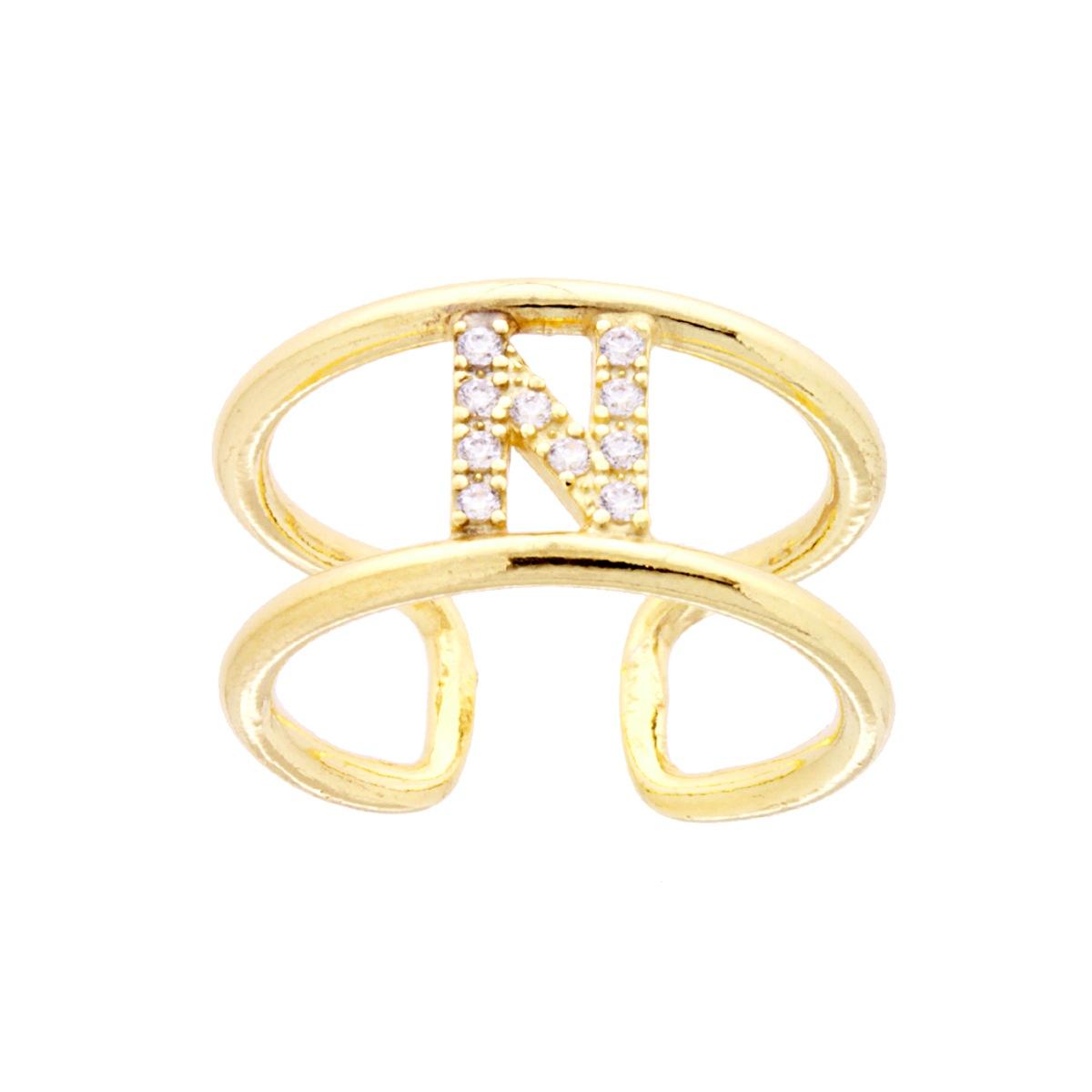 Anello Fascione a Doppio Gambo con Lettera Iniziale Nome con Zirconi Bianchi in ARGENTO 925 Galvanica Oro