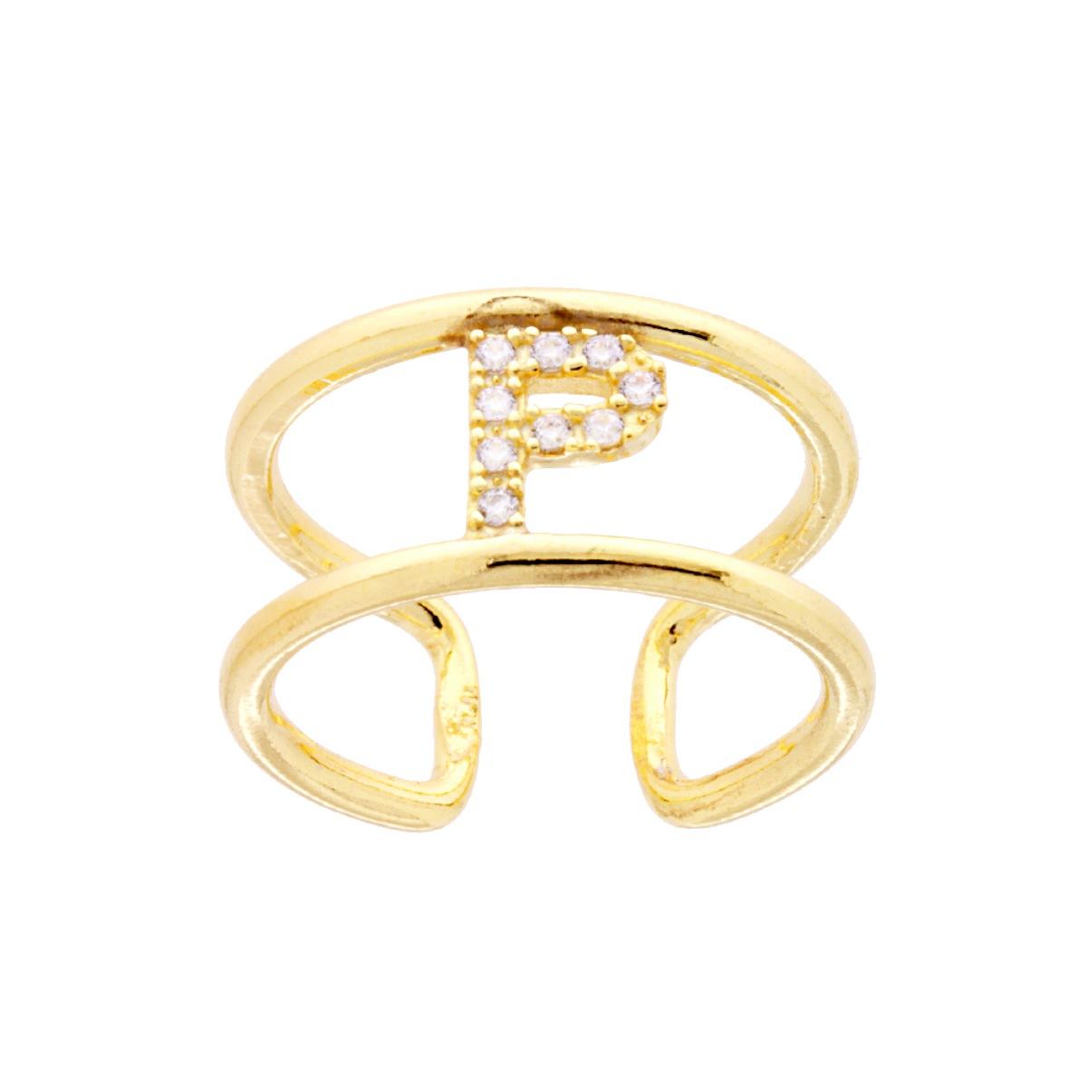 Anello Fascione a Doppio Gambo con Lettera Iniziale Nome con Zirconi Bianchi in ARGENTO 925 Galvanica Oro