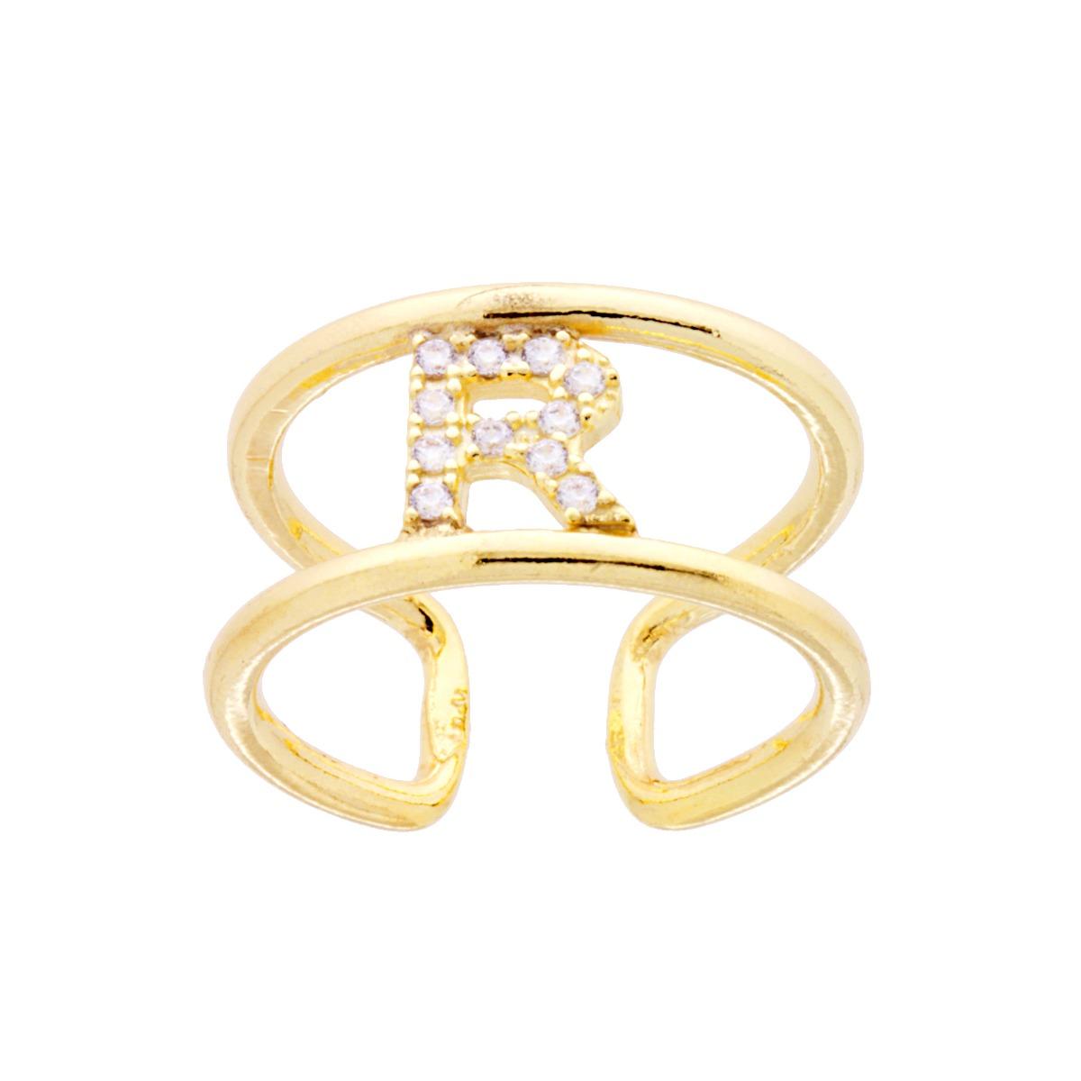 Anello Fascione a Doppio Gambo con Lettera Iniziale Nome con Zirconi Bianchi in ARGENTO 925 Galvanica Oro