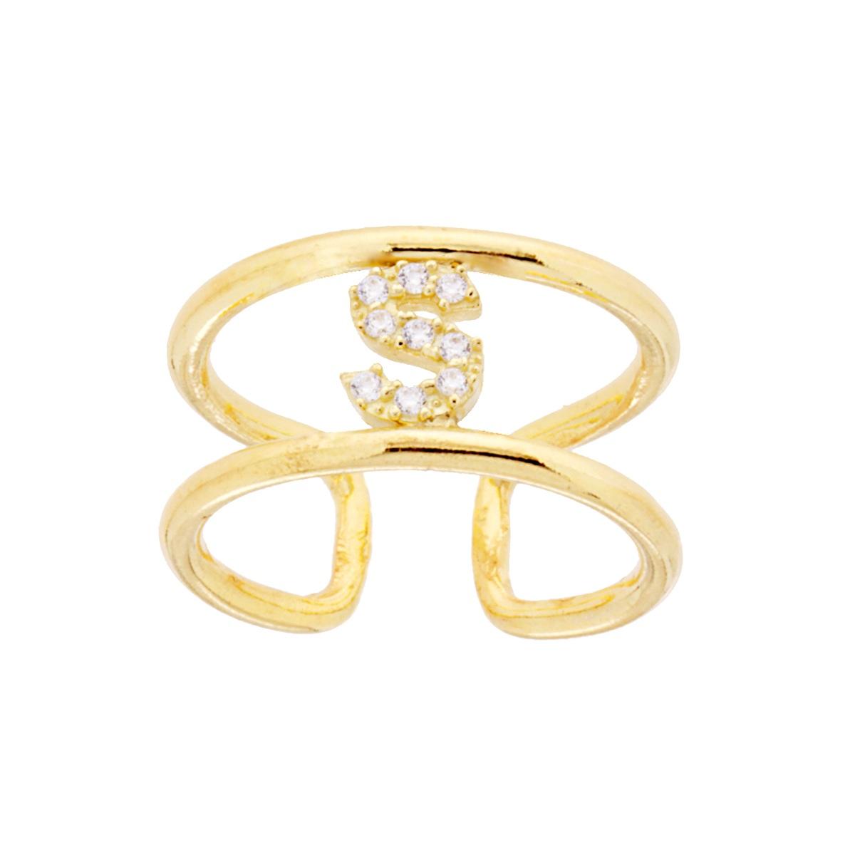 Anello Fascione a Doppio Gambo con Lettera Iniziale Nome con Zirconi Bianchi in ARGENTO 925 Galvanica Oro