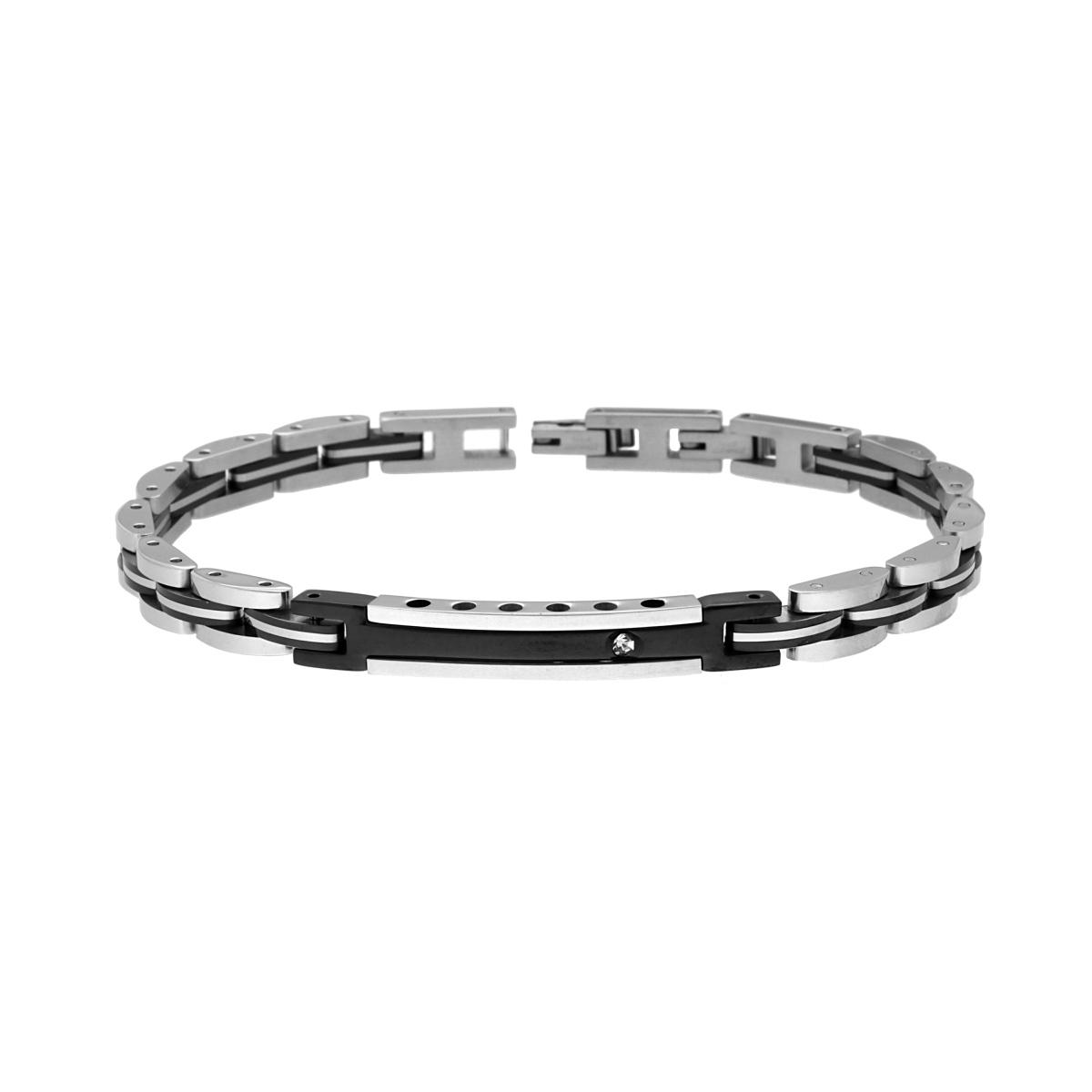 Bracciale Uomo Maglia Imperniata con dettagli Neri Targa e Crystal Bianco in ACCIAIO