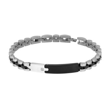 Bracciale Uomo Maglia Imperniata con Targa Nera e Crystal Bianco in ACCIAIO