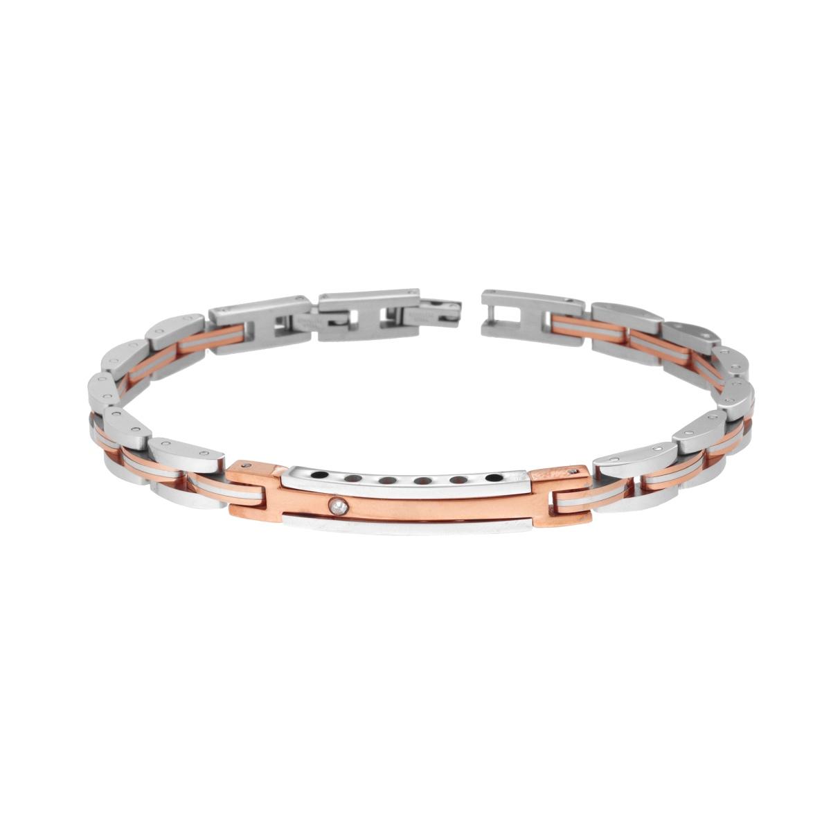 Bracciale Uomo Maglia Imperniata con dettagli Rosa Targa e Crystal Bianco in ACCIAIO
