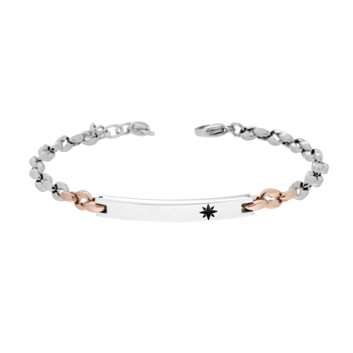 Bracciale Uomo Catena Marinara con dettagli Rosa e Targa in ACCIAIO