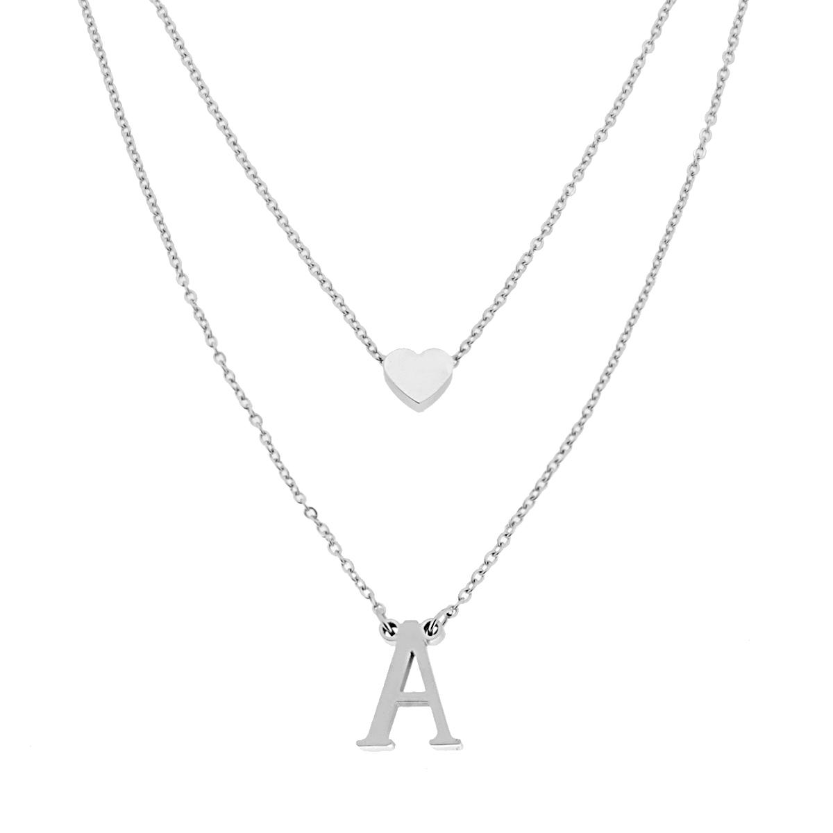 Collana doppia Catena Forzatina Diamantata con Lettera Iniziale pendente e Cuore passante in ACCIAIO