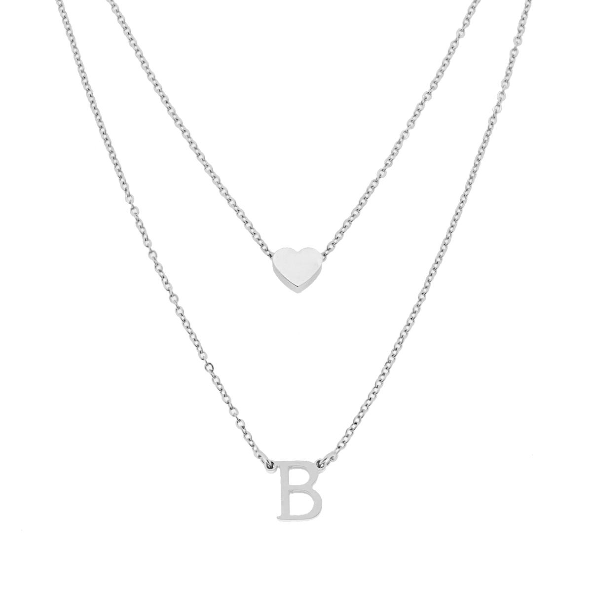 Collana doppia Catena Forzatina Diamantata con Lettera Iniziale pendente e Cuore passante in ACCIAIO