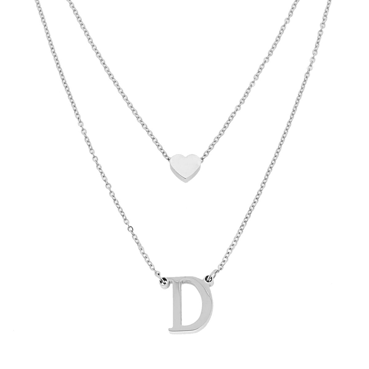 Collana doppia Catena Forzatina Diamantata con Lettera Iniziale pendente e Cuore passante in ACCIAIO