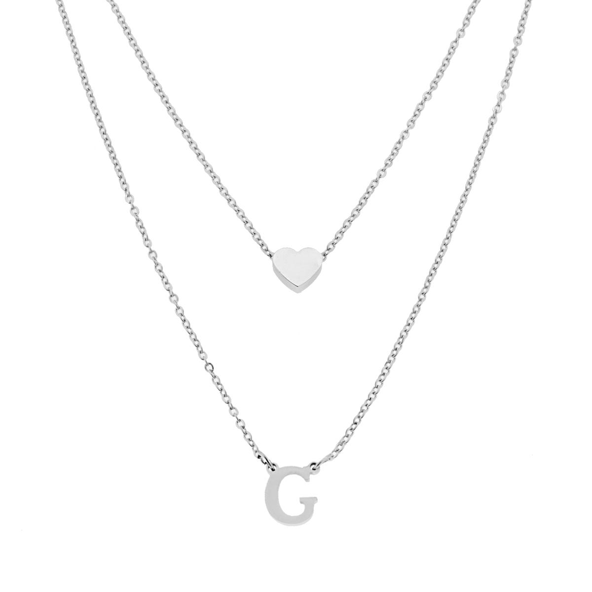 Collana doppia Catena Forzatina Diamantata con Lettera Iniziale pendente e Cuore passante in ACCIAIO