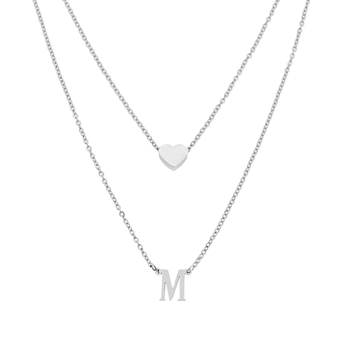 Collana doppia Catena Forzatina Diamantata con Lettera Iniziale pendente e Cuore passante in ACCIAIO