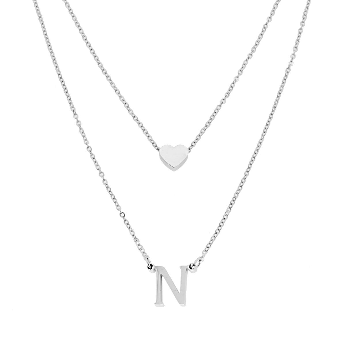 Collana doppia Catena Forzatina Diamantata con Lettera Iniziale pendente e Cuore passante in ACCIAIO