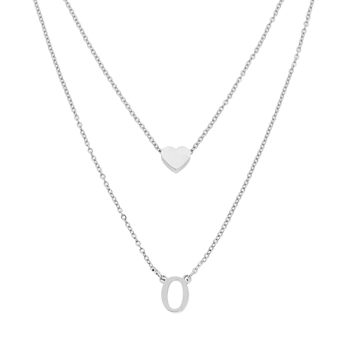 Collana doppia Catena Forzatina Diamantata con Lettera Iniziale pendente e Cuore passante in ACCIAIO