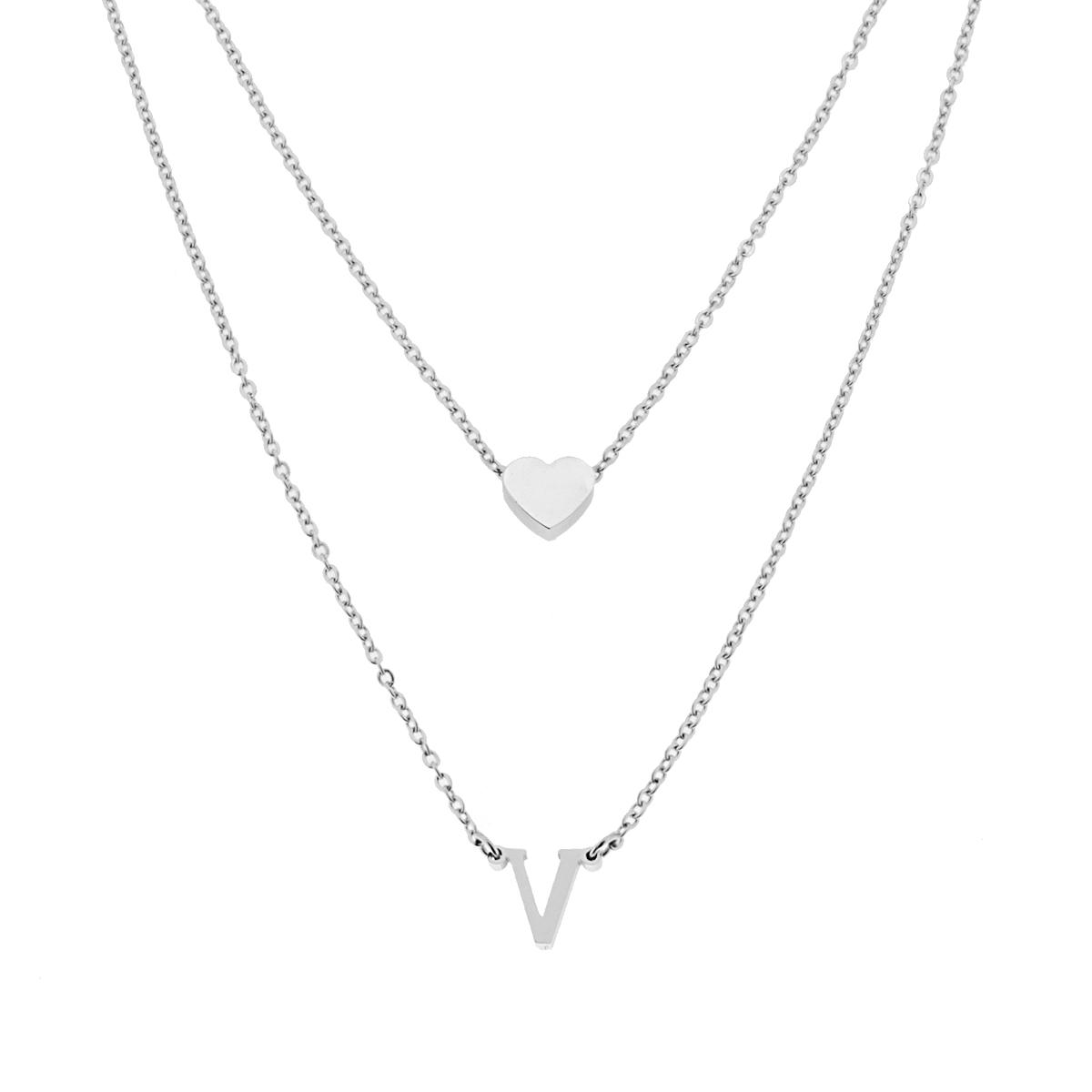 Collana doppia Catena Forzatina Diamantata con Lettera Iniziale pendente e Cuore passante in ACCIAIO