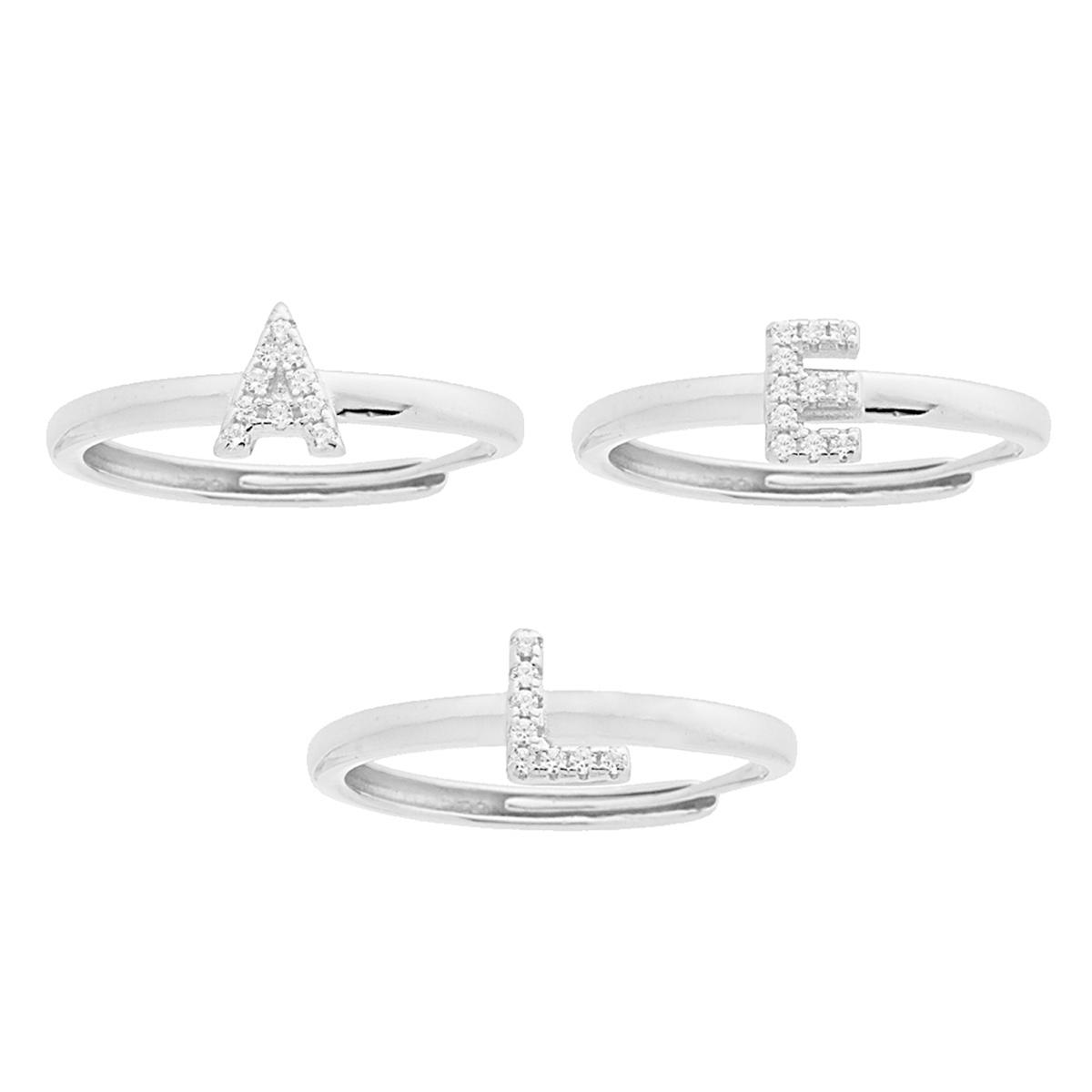 Anello Lettera con Cubic Zirconia Bianchi in ARGENTO 925 Galvanica Rodio