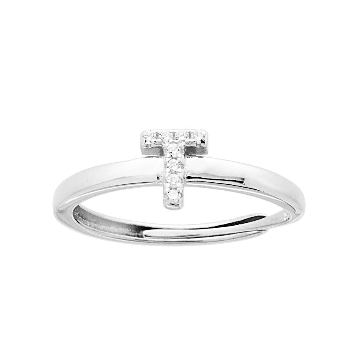 Anello Lettera con Cubic Zirconia Bianchi in ARGENTO 925 Galvanica Rodio