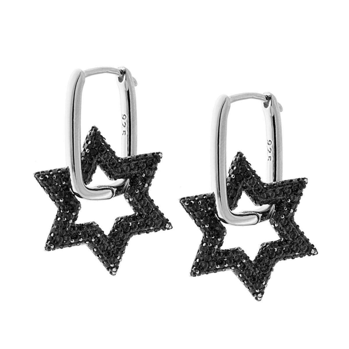 Orecchini Chiusura Inglese con Stella pendente e Zirconi Neri in ARGENTO 925 Galvanica Rodio