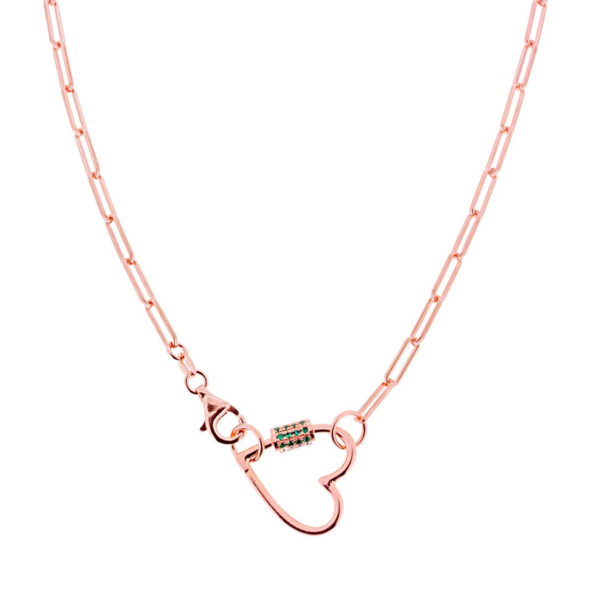 Collana Catena Graffetta con Cuore e Zirconi Verde Smeraldo in ARGENTO 925 Galvanica Rosa