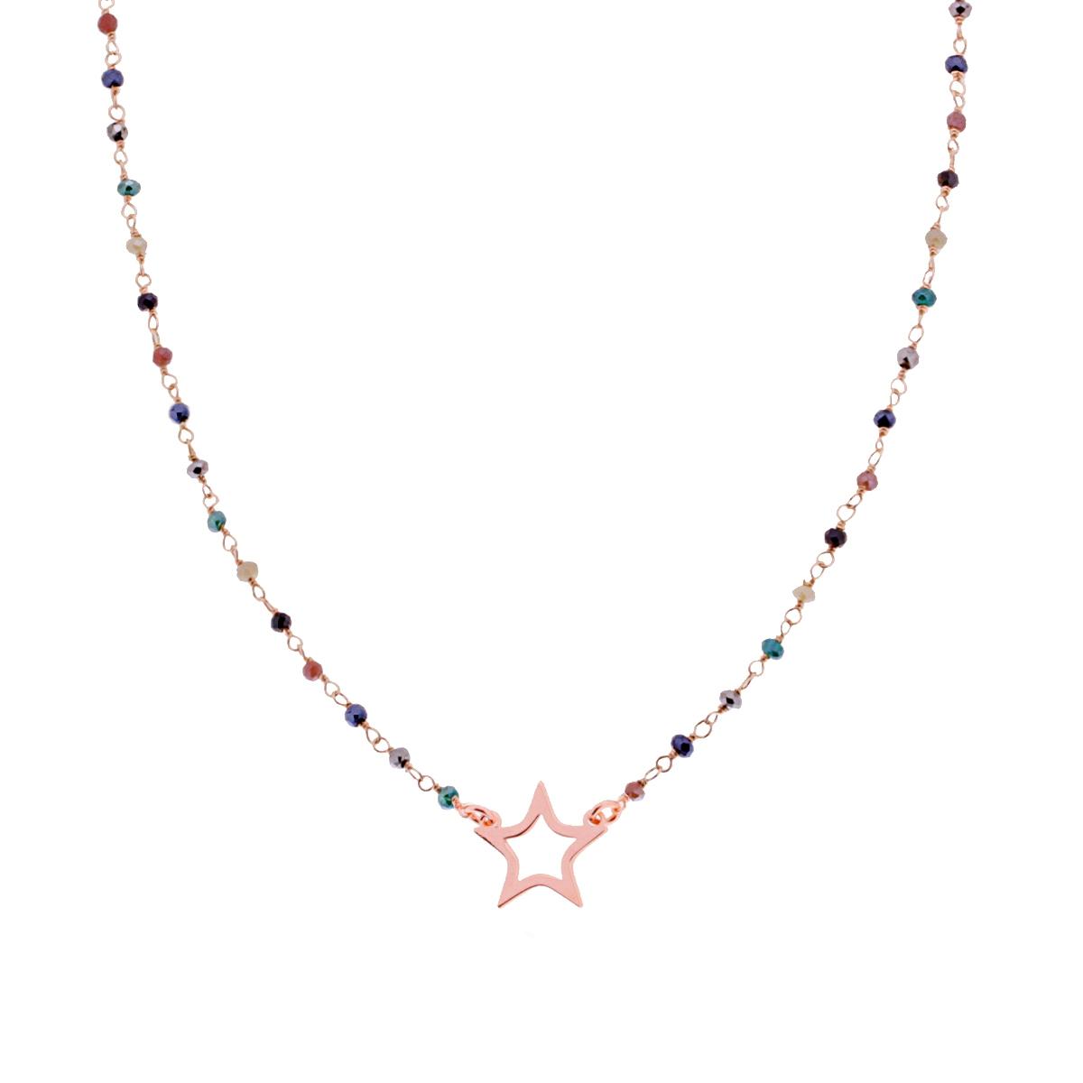 Collana con Grani Crystal Multicolor e Stella in ARGENTO 925 Galvanica Rosa
