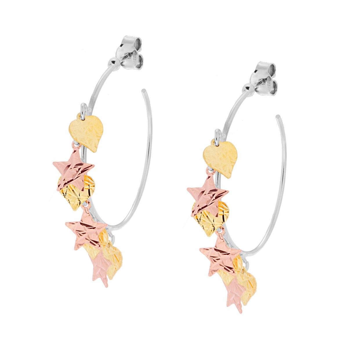 Orecchini Cerchio con Cuori e Stelle Martellati pendenti in ARGENTO 925 Galvanica Oro Rosa e Rodio