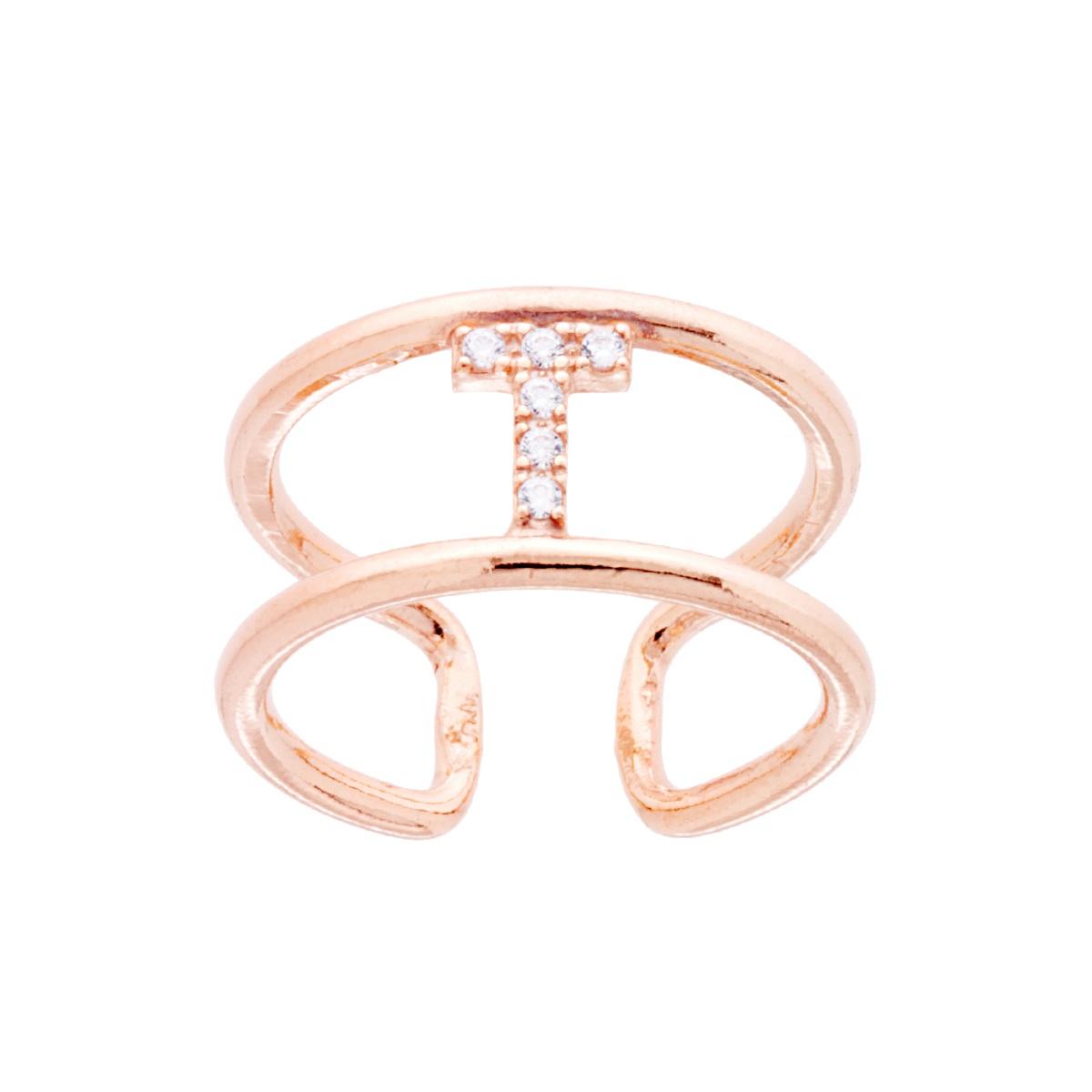 Anello Fascione a Doppio Gambo con Lettera Iniziale Nome con Zirconi Bianchi in ARGENTO 925 Galvanica Rosa