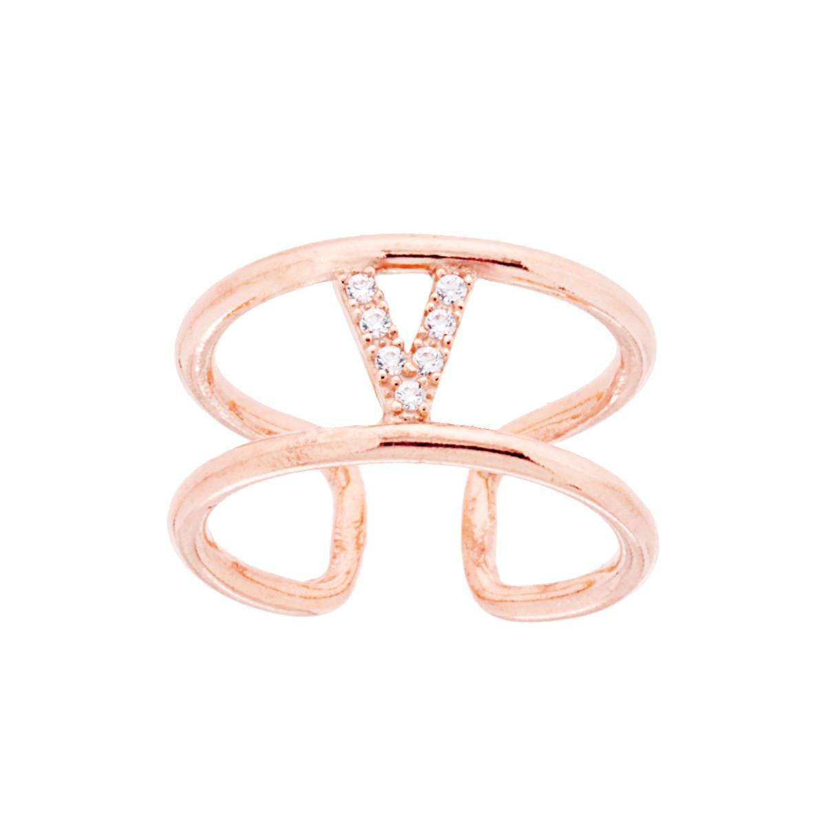 Anello Fascione a Doppio Gambo con Lettera Iniziale Nome con Zirconi Bianchi in ARGENTO 925 Galvanica Rosa