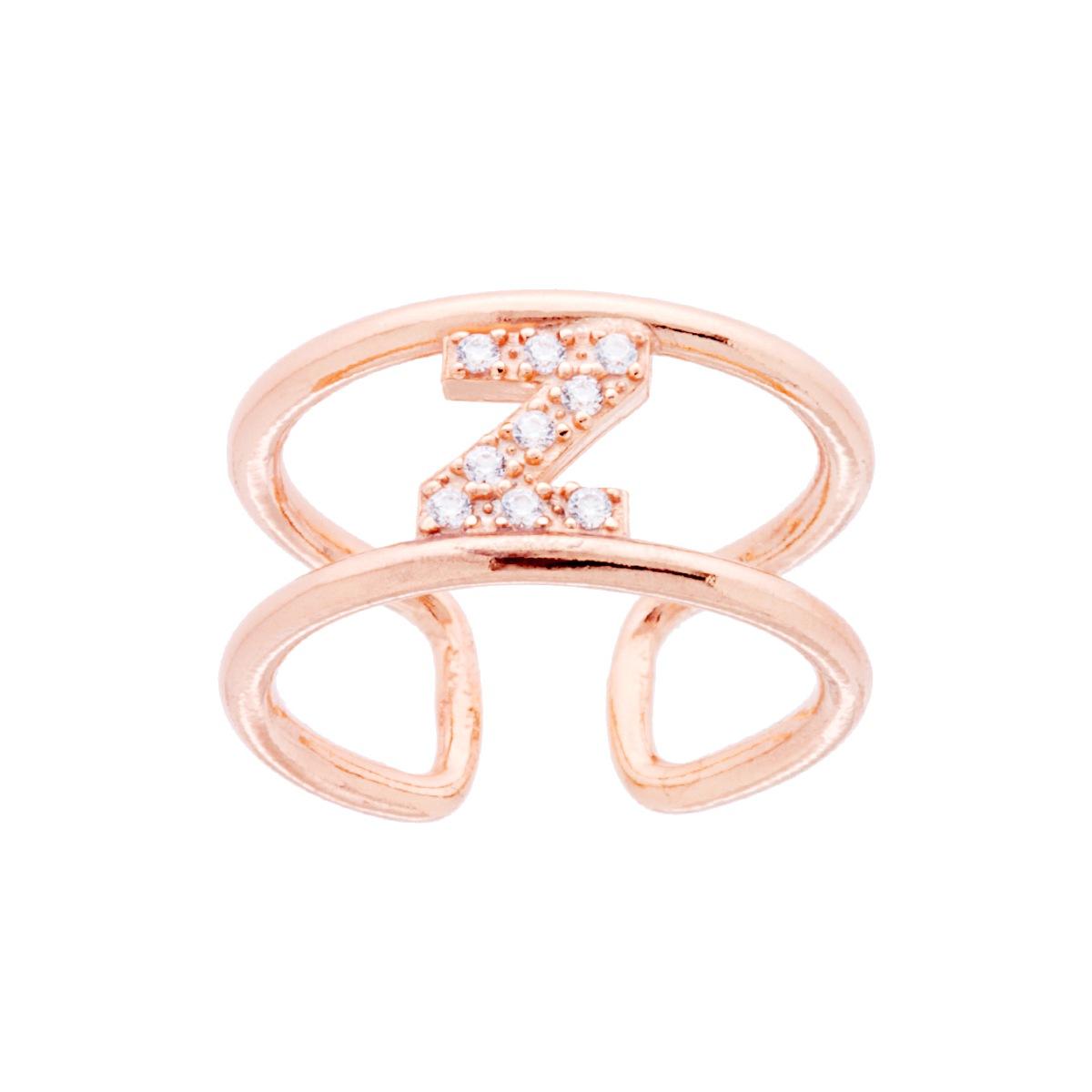 Anello Fascione a Doppio Gambo con Lettera Iniziale Nome con Zirconi Bianchi in ARGENTO 925 Galvanica Rosa