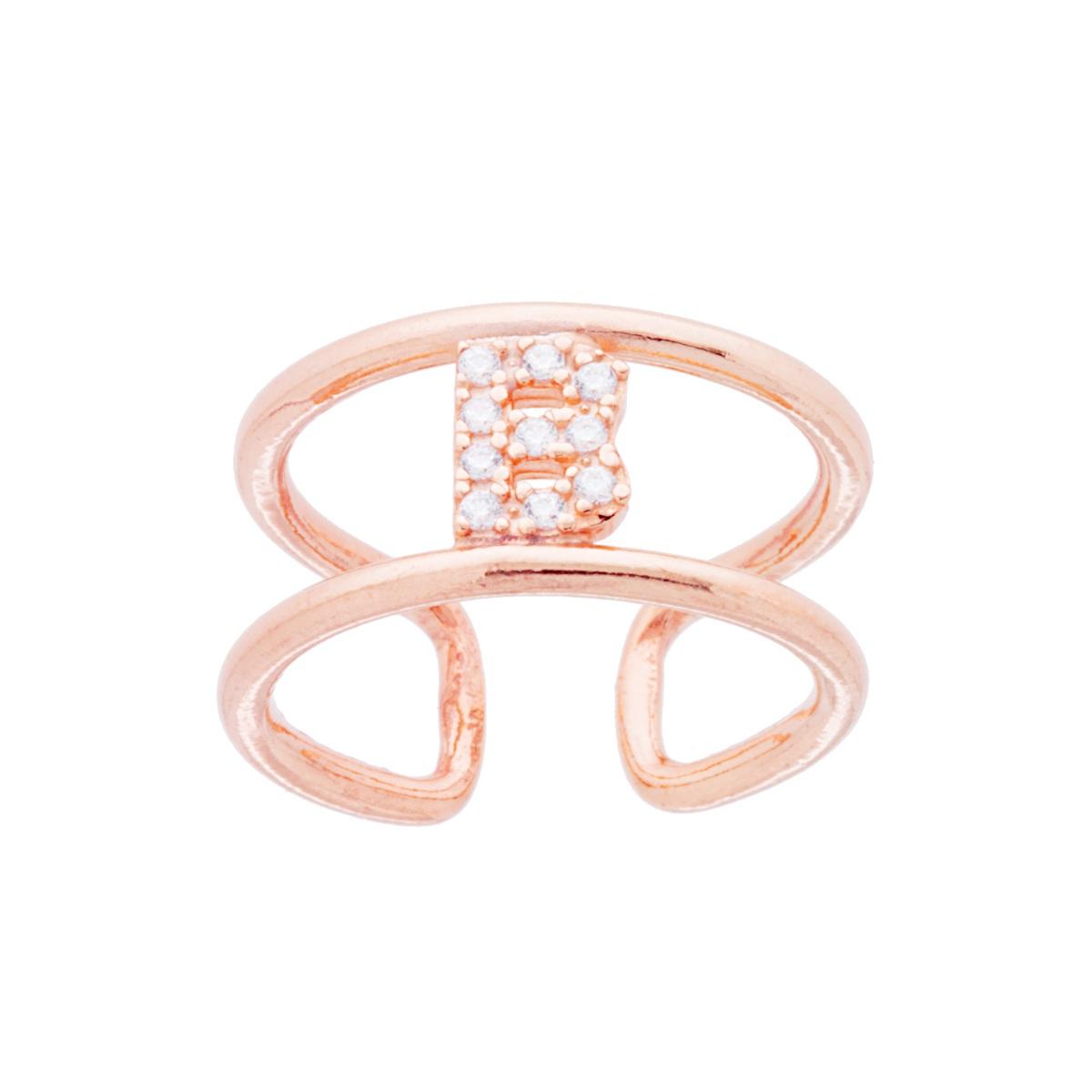 Anello Fascione a Doppio Gambo con Lettera Iniziale Nome con Zirconi Bianchi in ARGENTO 925 Galvanica Rosa