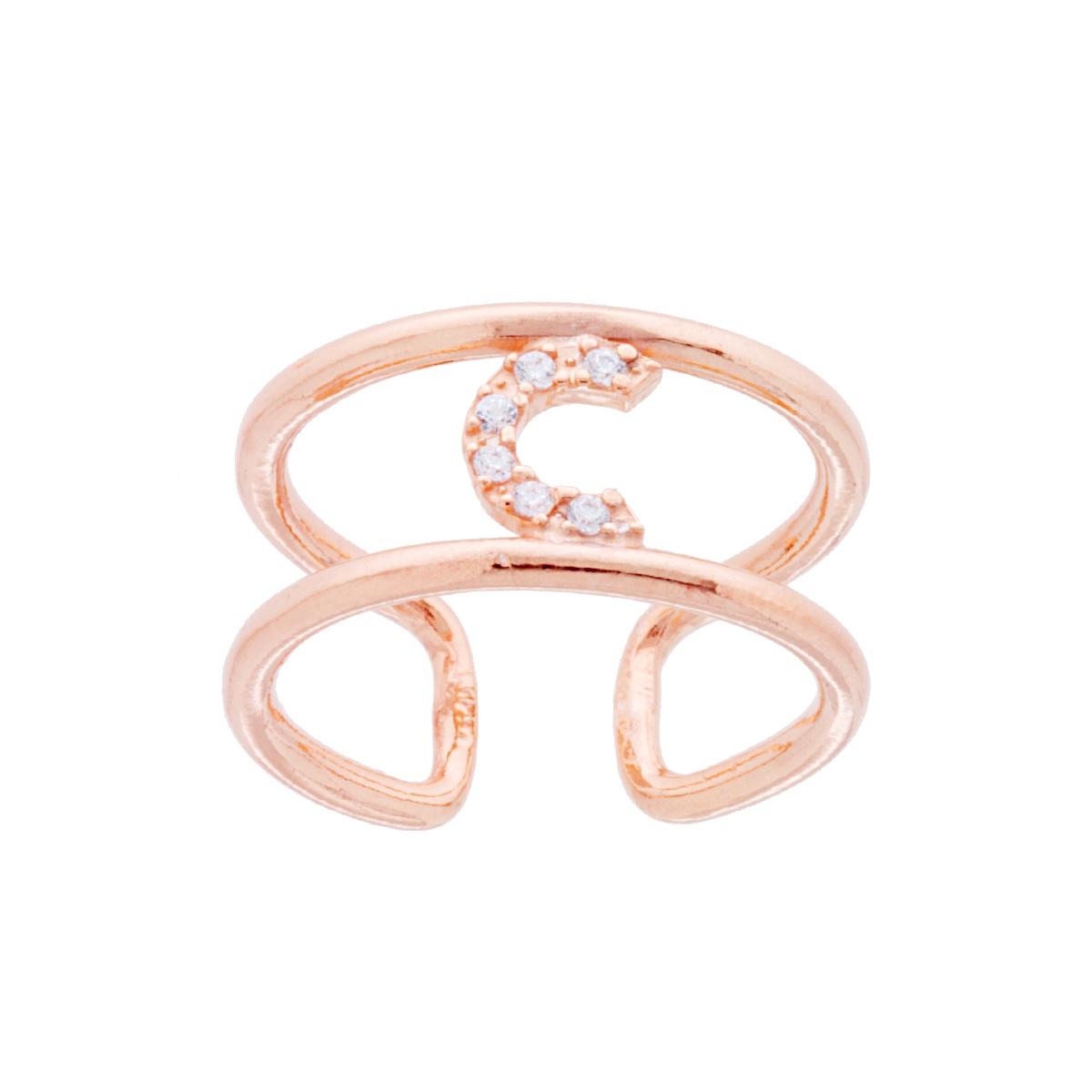 Anello Fascione a Doppio Gambo con Lettera Iniziale Nome con Zirconi Bianchi in ARGENTO 925 Galvanica Rosa