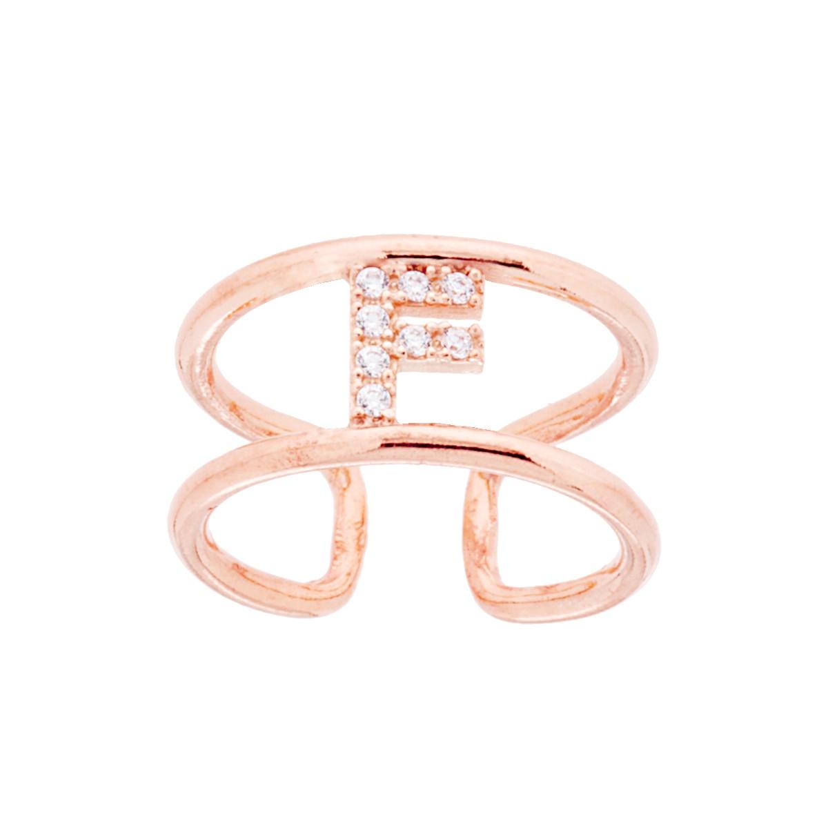 Anello Fascione a Doppio Gambo con Lettera Iniziale Nome con Zirconi Bianchi in ARGENTO 925 Galvanica Rosa