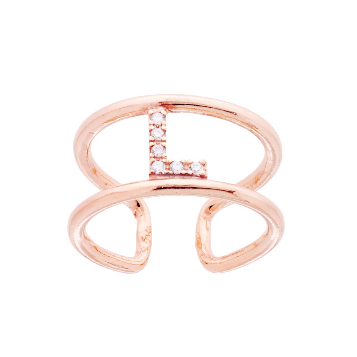 Anello Fascione a Doppio Gambo con Lettera Iniziale Nome con Zirconi Bianchi in ARGENTO 925 Galvanica Rosa