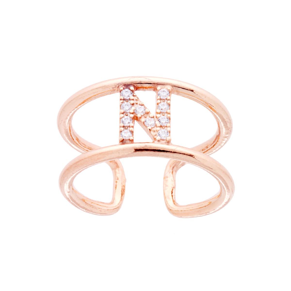 Anello Fascione a Doppio Gambo con Lettera Iniziale Nome con Zirconi Bianchi in ARGENTO 925 Galvanica Rosa