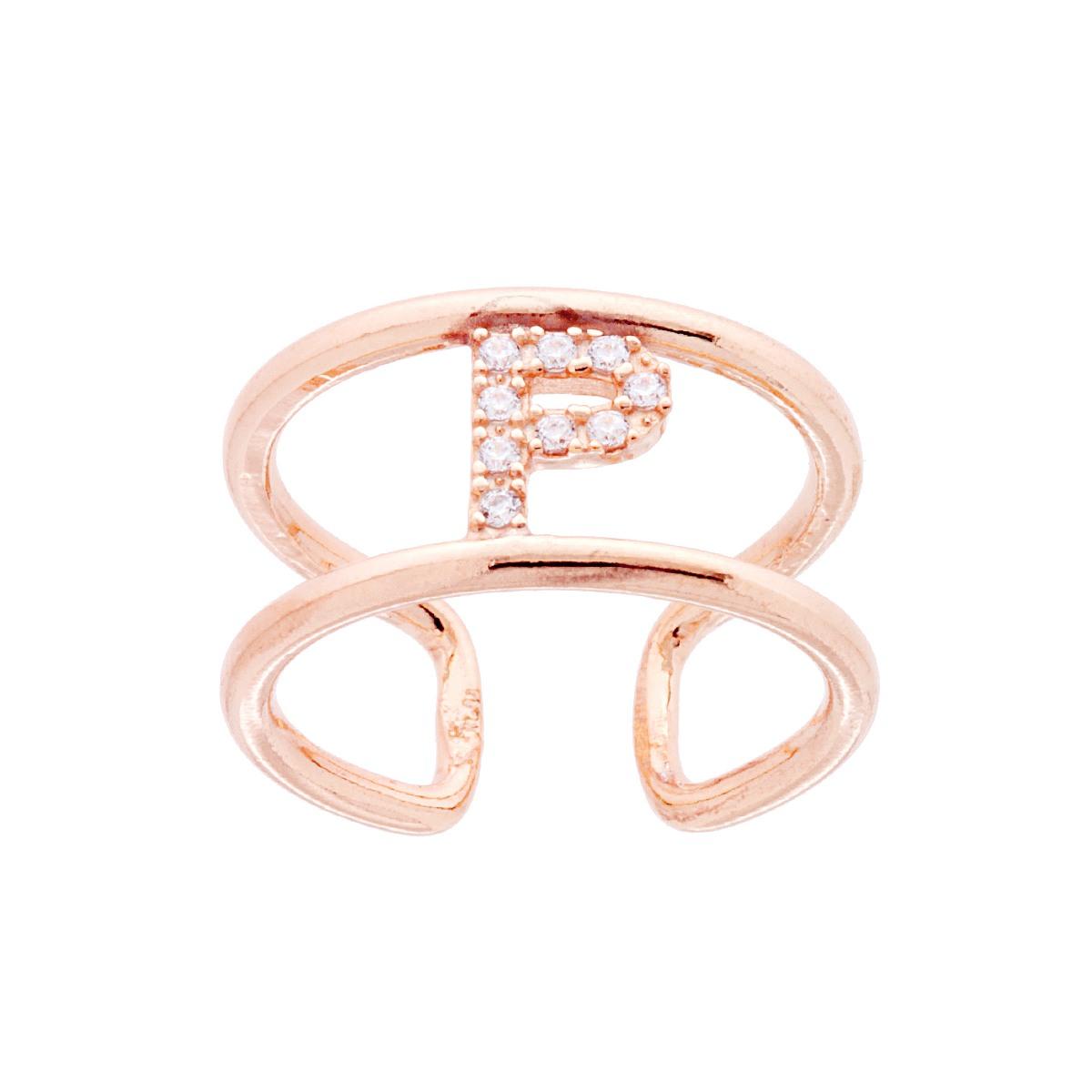 Anello Fascione a Doppio Gambo con Lettera Iniziale Nome con Zirconi Bianchi in ARGENTO 925 Galvanica Rosa