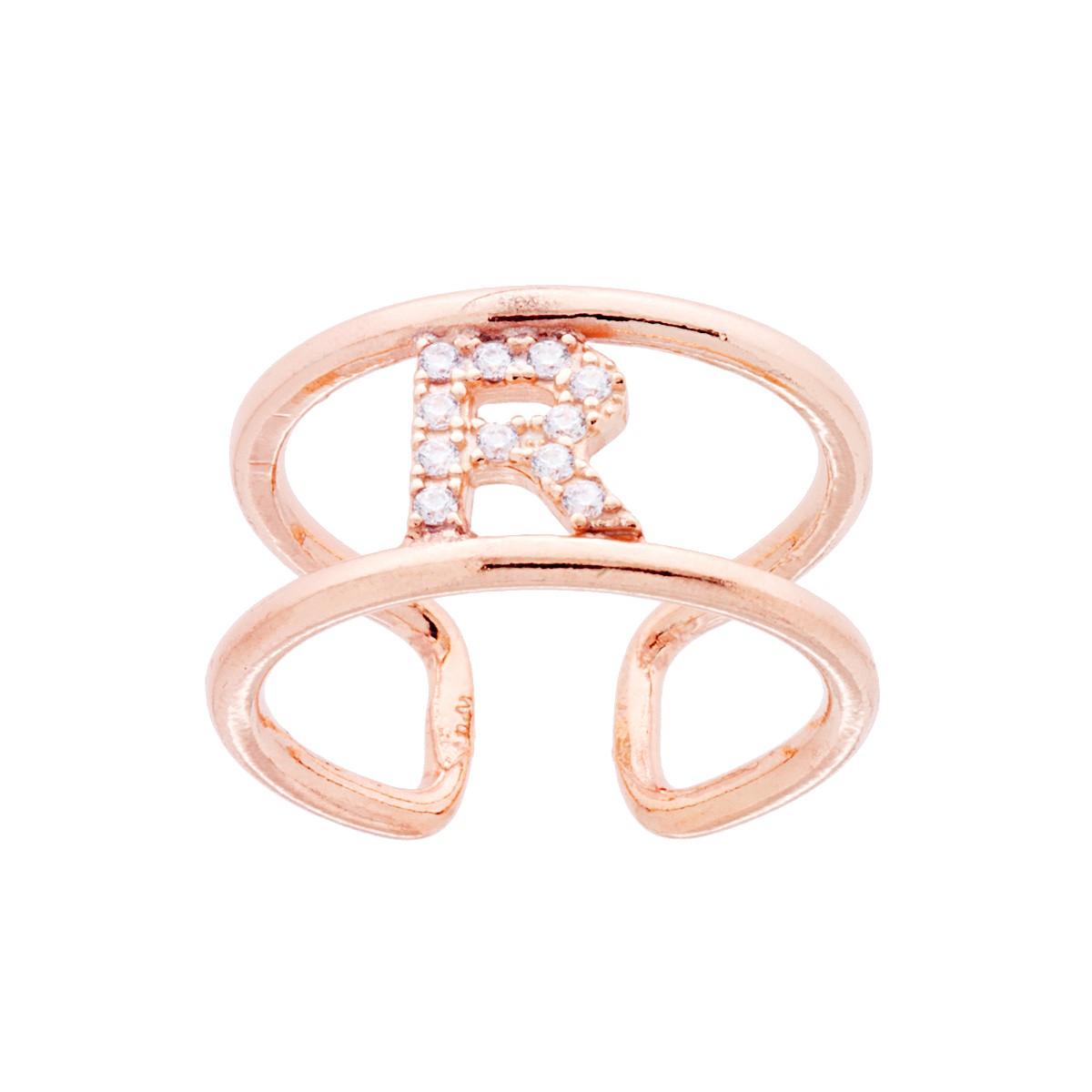 Anello Fascione a Doppio Gambo con Lettera Iniziale Nome con Zirconi Bianchi in ARGENTO 925 Galvanica Rosa