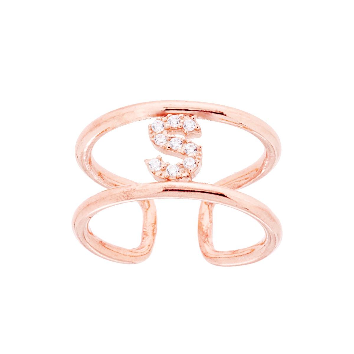 Anello Fascione a Doppio Gambo con Lettera Iniziale Nome con Zirconi Bianchi in ARGENTO 925 Galvanica Rosa