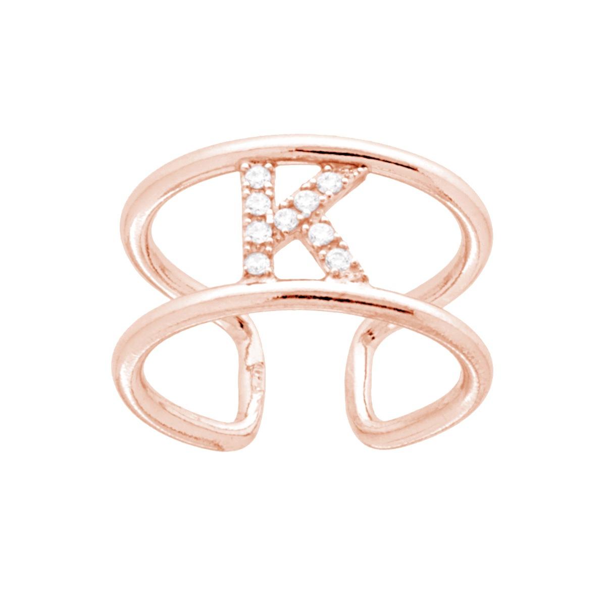Anello Fascione a Doppio Gambo con Lettera Iniziale Nome con Zirconi Bianchi in ARGENTO 925 Galvanica Rosa
