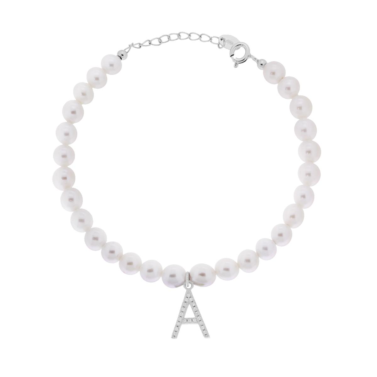 Bracciale Perla con Accessorio Lettera con Zirconi Bianchi in ARGENTO 925 Galvanica Rodio