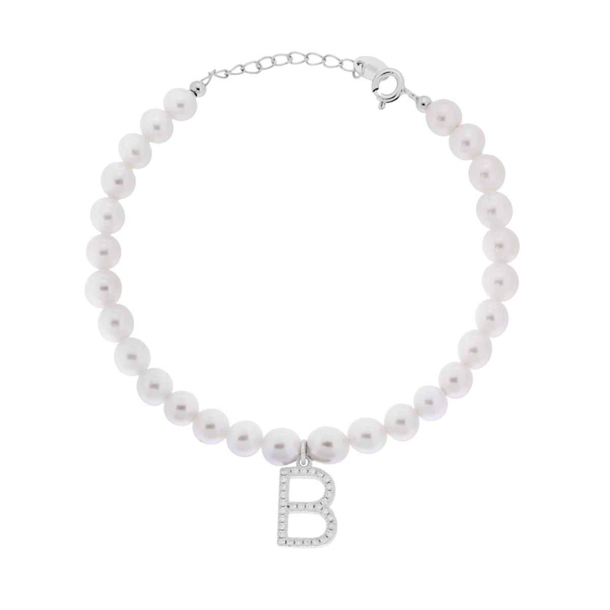 Bracciale Perla con Accessorio Lettera con Zirconi Bianchi in ARGENTO 925 Galvanica Rodio