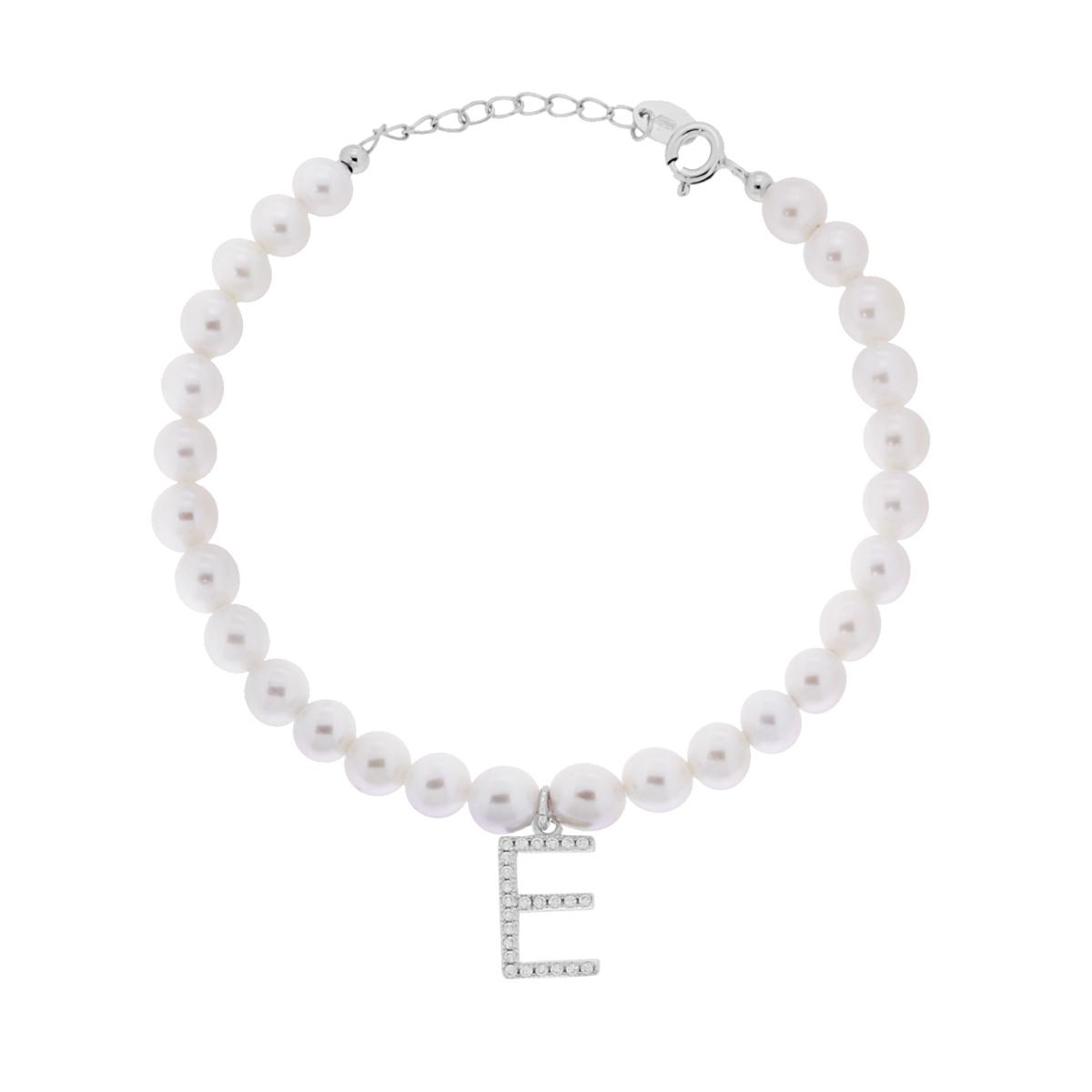 Bracciale Perla con Accessorio Lettera con Zirconi Bianchi in ARGENTO 925 Galvanica Rodio
