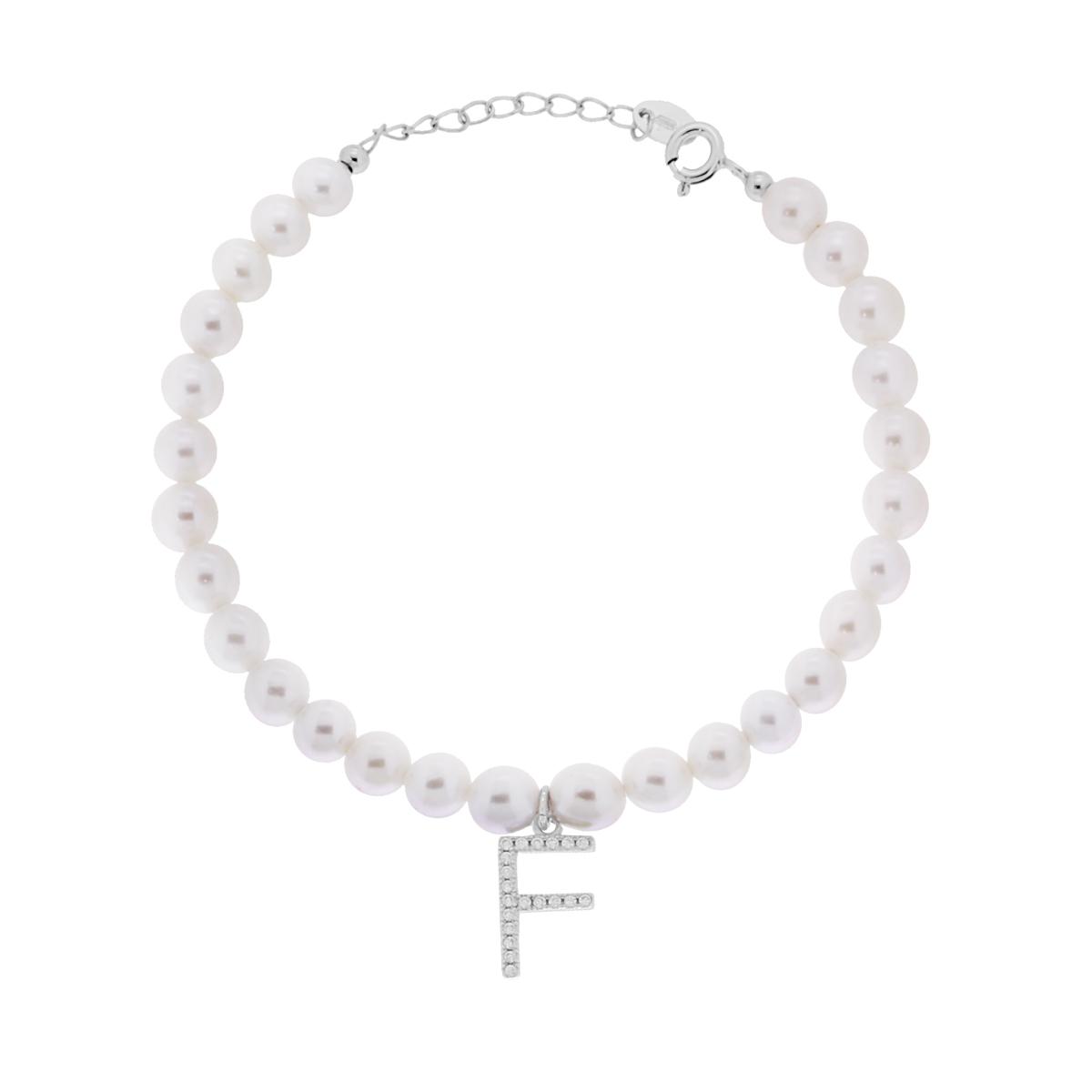 Bracciale Perla con Accessorio Lettera con Zirconi Bianchi in ARGENTO 925 Galvanica Rodio