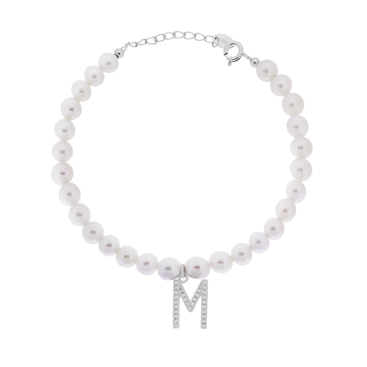 Bracciale Perla con Accessorio Lettera con Zirconi Bianchi in ARGENTO 925 Galvanica Rodio