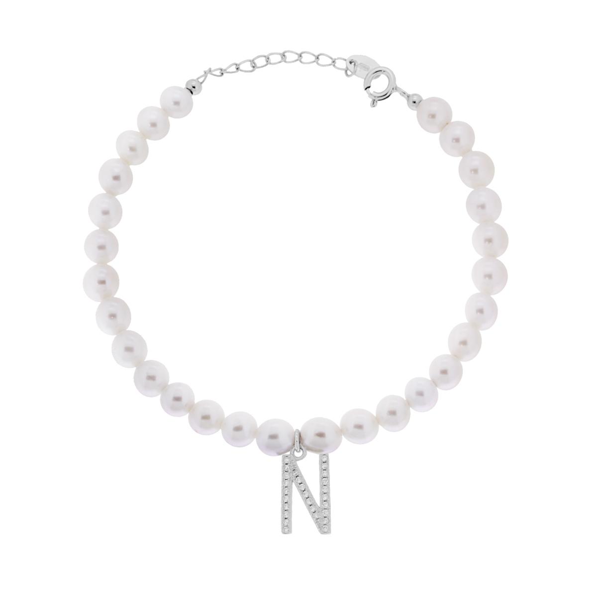 Bracciale Perla con Accessorio Lettera con Zirconi Bianchi in ARGENTO 925 Galvanica Rodio